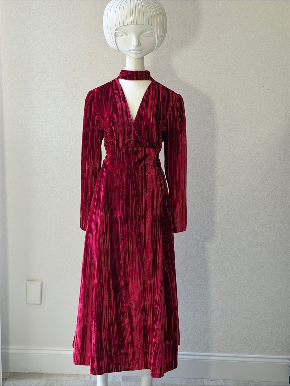 Vintage Pierre Balmain Velvet Long-Sleeve V-Neck Maxi Dress in Wine Red